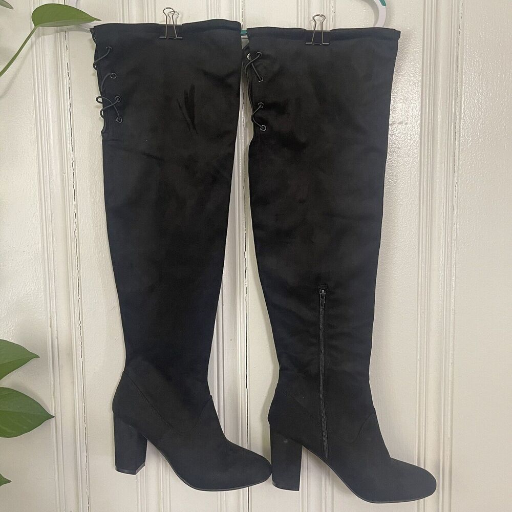 Shoe Vibe Women’s Black Faux Suede Thigh High Over The Knee Heeled Boots Size 9